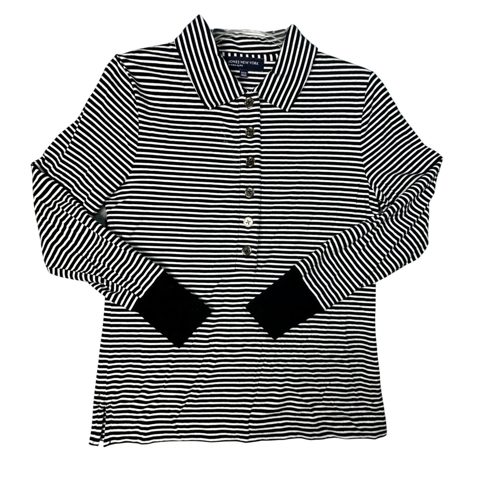 Jones New York Striped Polo Shirt Long Sleeve Preppy Nautical Small Black White